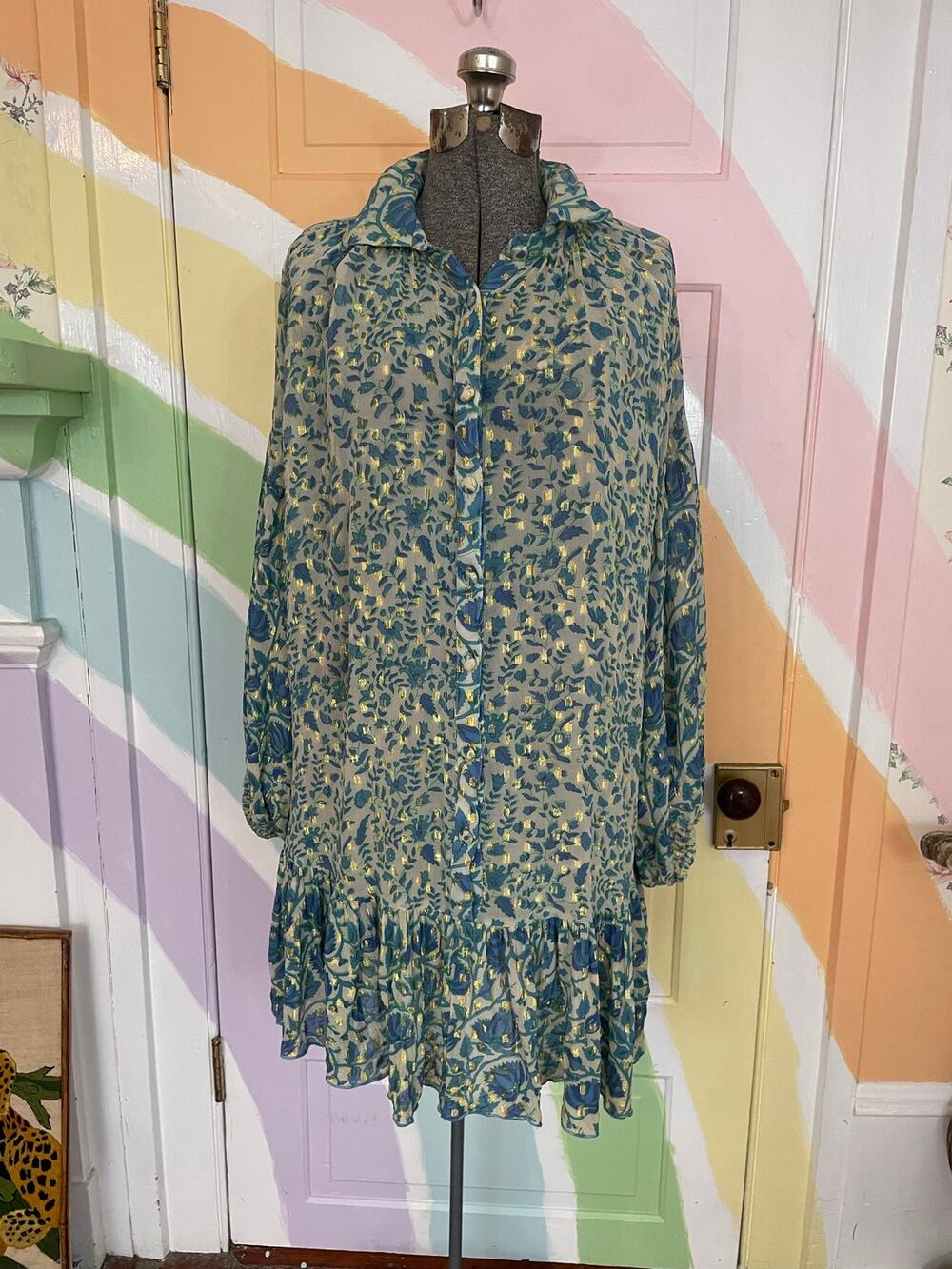 ✨Miss June Paris Metallic Floral Boho Ruffle Mini Shirt Dress Sz M